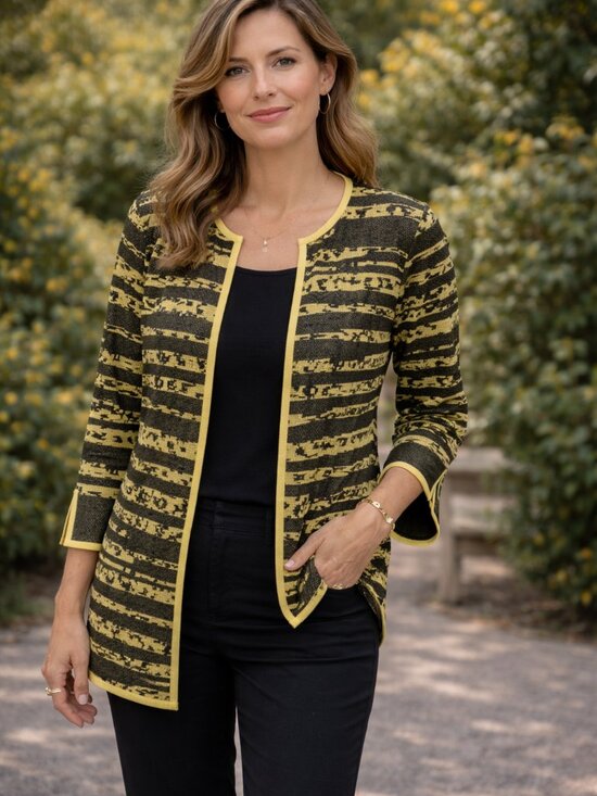 Ming Wang Jackets & Blazers - Ming Wang Knit Cardigan Blazer Open Front Slit Sleeve Yellow Black